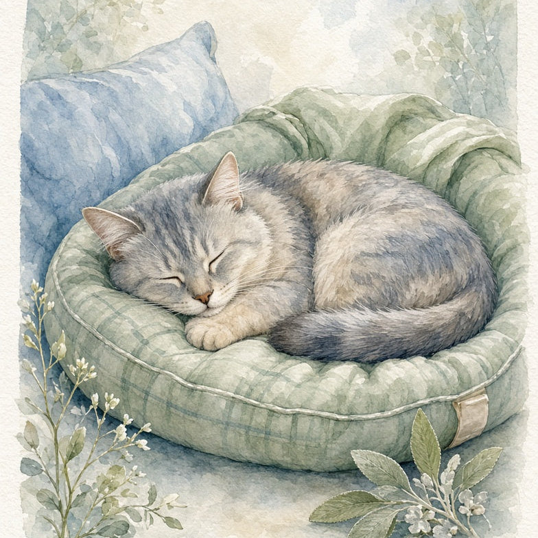 Watercolor-style illustration of a gray tabby cat curled up asleep in a round green pet bed, with a soft blue pillow and delicate leaves in the background.