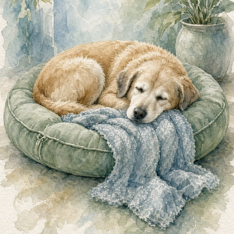 Watercolor-style illustration of a golden retriever dog sleeping comfortably in a round green pet bed with a blue-gray blanket draped over it, set against a soft painted background with hanging leaves and a potted plant.
