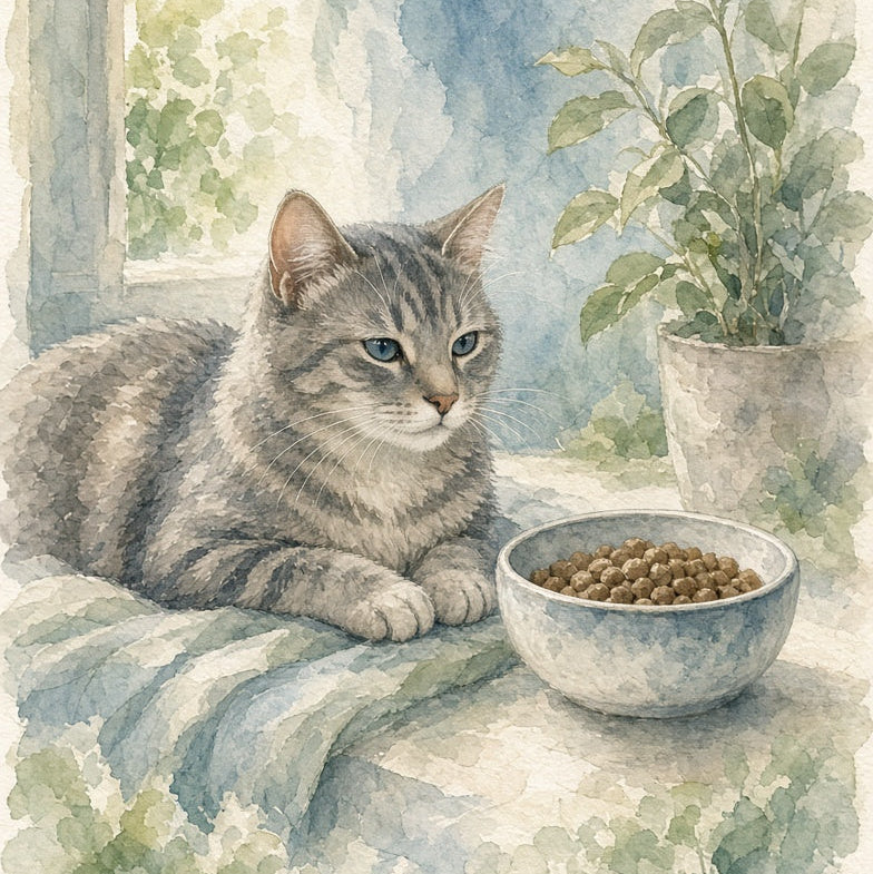 Watercolor-style illustration of a gray tabby cat lying on a windowsill beside a bowl of kibble, with a potted plant in the background.