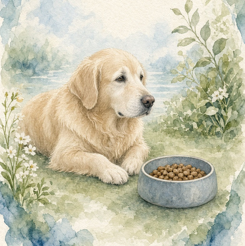 Watercolor-style illustration of a golden retriever lying beside a bowl of kibble, framed by soft blue and green foliage on a cream background.