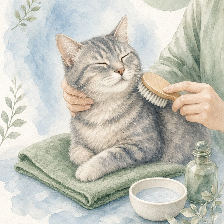 Watercolor-style illustration of a gray tabby cat lying on a folded green towel while being brushed with a wooden-handled brush by a person in a soft blue and sage-green scene. A small bowl, bottle, and leafy decorative elements appear around it.