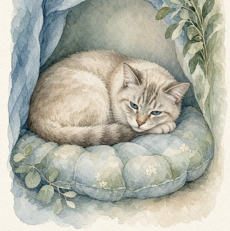Watercolor-style illustration of a cream-colored cat curled up asleep on a blue cushion inside a soft blue cave-like nook with green leaves around it, on an off-white background.
