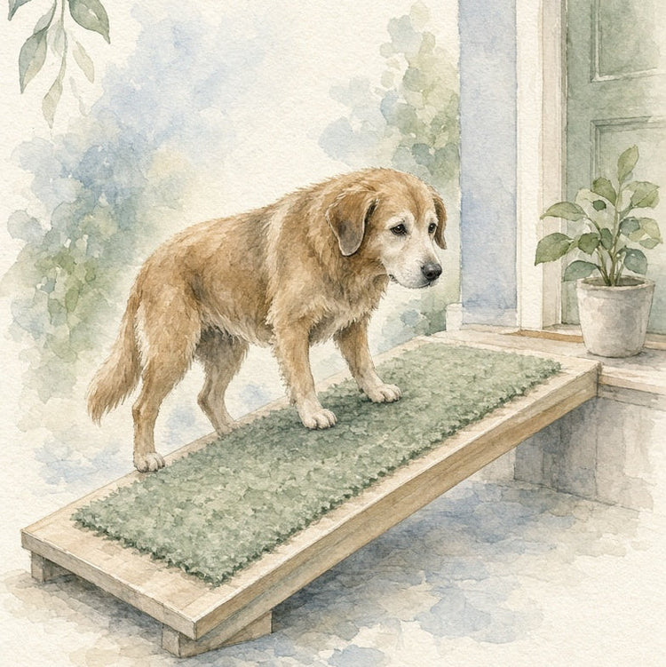 A watercolor-style illustration of a golden retriever standing on a wooden ramp with a green mat, set beside a doorway with a potted plant.