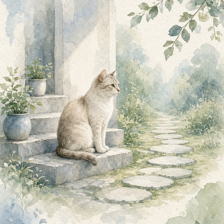 Watercolor-style artwork of a light cream cat sitting on stone steps beside a garden path, with soft blue-green foliage and architectural elements in the background.