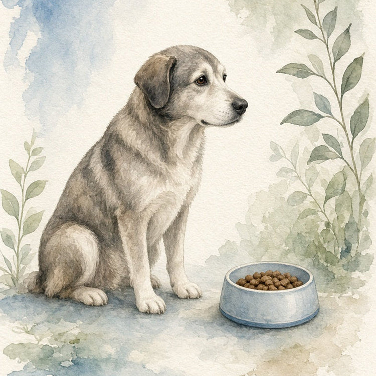 Watercolor-style illustration of a light gray and cream dog sitting beside a blue bowl of kibble, with soft green leaves and a pale blue background wash.