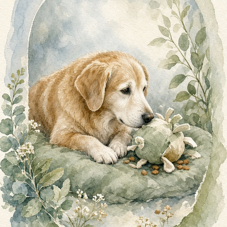 Watercolor-style illustration of a golden retriever puppy lying on a cushion with a plush toy and kibble, surrounded by soft green leaves and a pale blue arched border on a cream background.