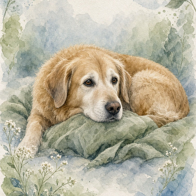 Watercolor-style artwork of a golden retriever lying on a green blanket, surrounded by soft blue and green foliage and small white flowers.