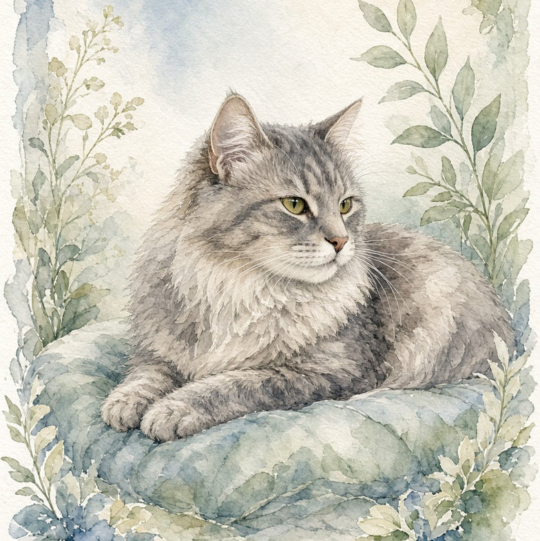 Watercolor-style illustration of a fluffy gray tabby cat lying on a soft blue-green cushion, framed by delicate green leaves and a soft blue-and-cream watercolor border.