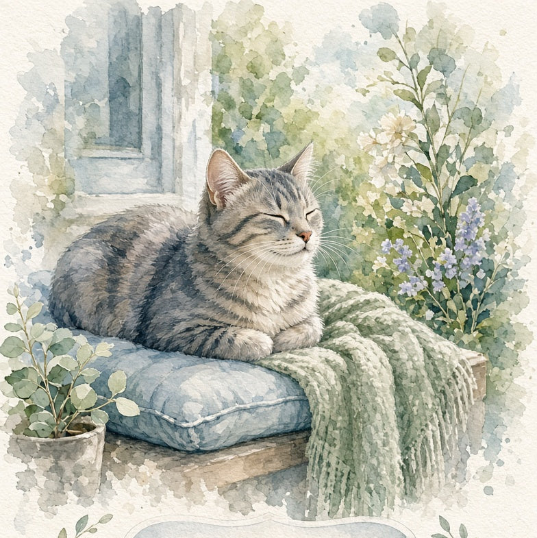 Watercolor-style illustration of a gray tabby cat resting on a cushioned windowsill with a green throw blanket, surrounded by soft floral details and a decorative blank label area at the bottom.
