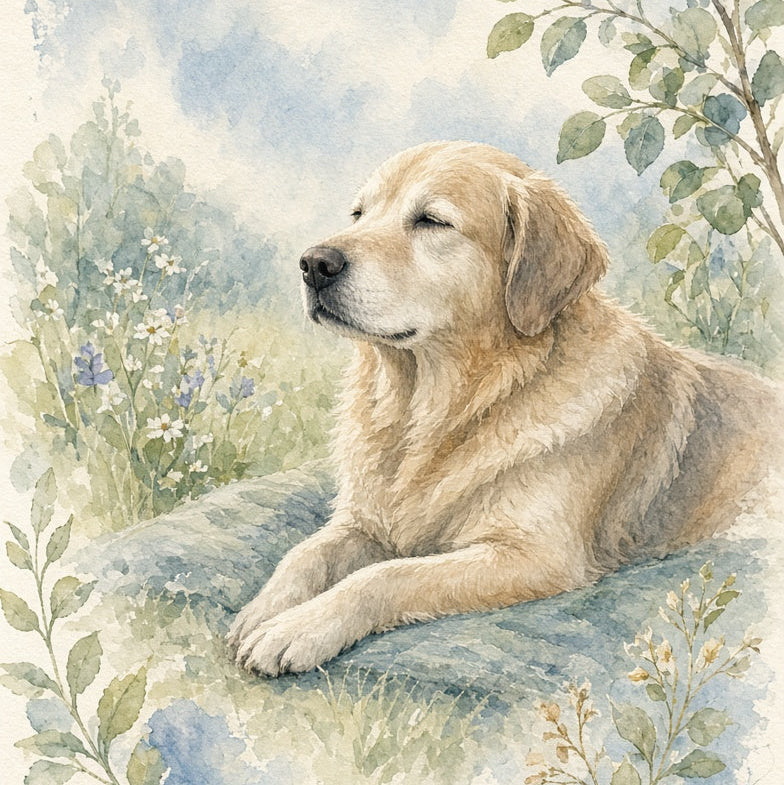 Watercolor-style artwork of a golden retriever lying on a grassy patch with blue-green foliage and a soft sky background.