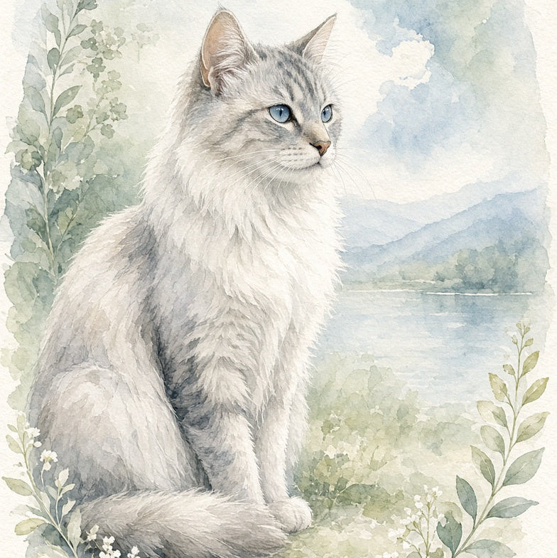 Watercolor-style illustration of a fluffy gray-and-white cat sitting outdoors by a lake, framed by soft green foliage and a cloudy blue sky background.