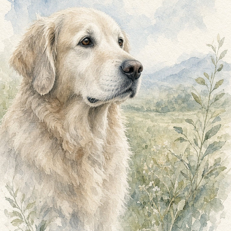 Watercolor-style portrait of a golden retriever dog in profile, set against a soft outdoor landscape with blue sky, distant hills, and greenery.