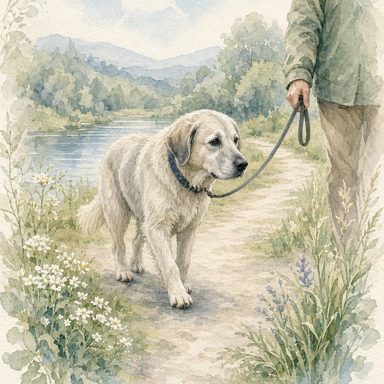 Watercolor-style artwork showing a cream-colored dog on a leash walking along a path beside a river, with a person partially visible on the right and a soft landscape background of trees, hills, and blue sky.