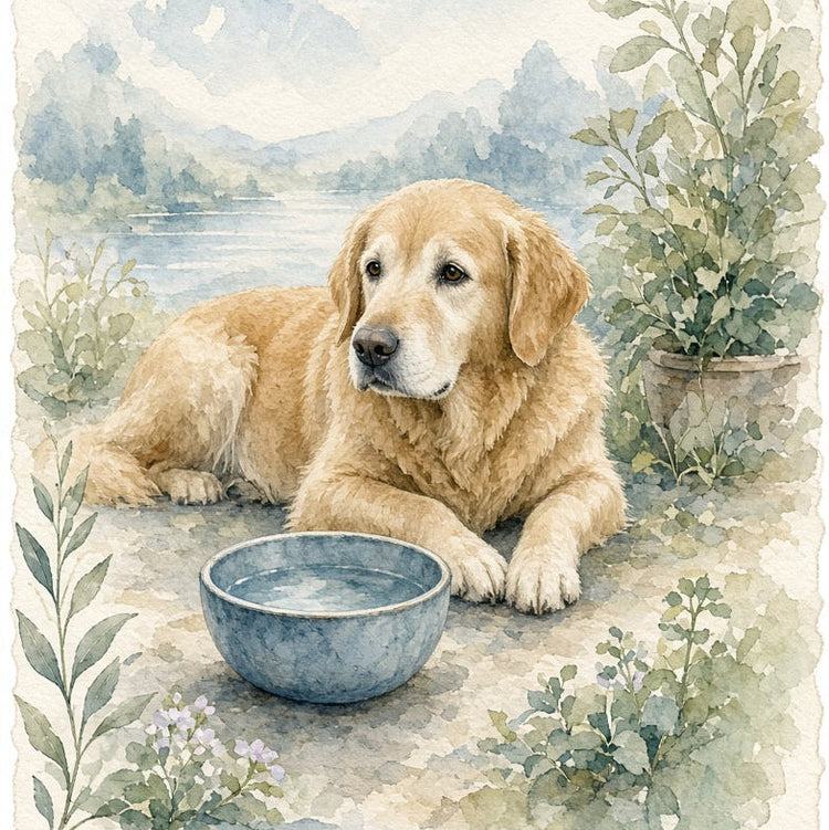 Watercolor-style artwork of a golden retriever lying beside a blue bowl, with a soft outdoor landscape, water, trees, and decorative plants in the background.