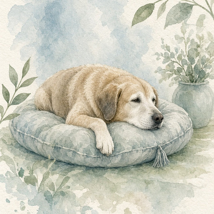 Watercolor-style illustration of a light tan dog resting on a round gray cushion, with soft blue watercolor washes, green leaves, and a small potted plant in the background.