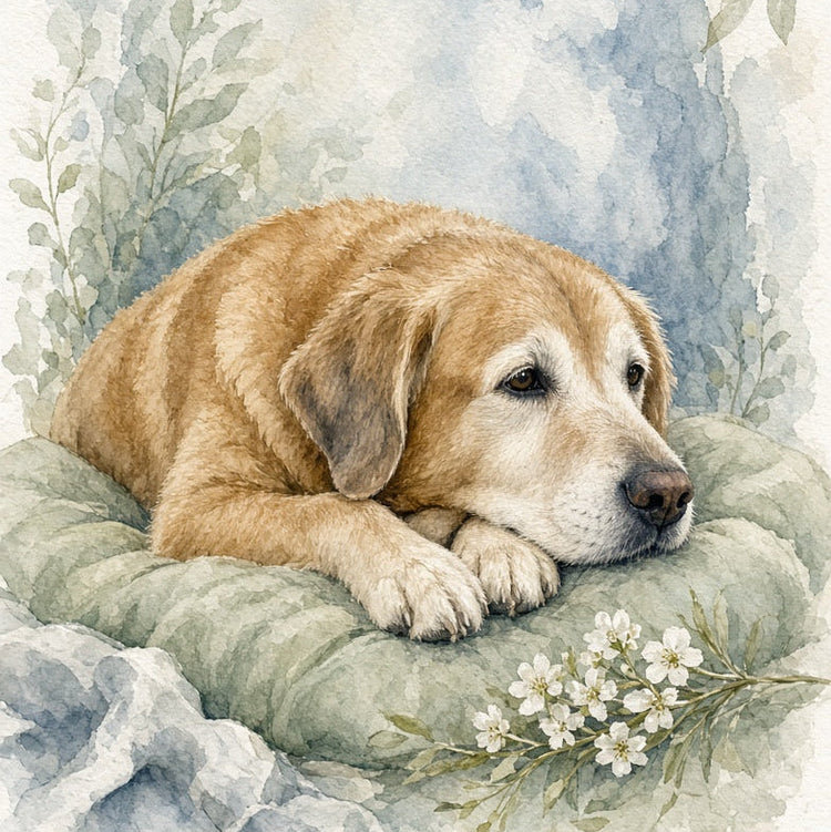 Watercolor-style artwork of a golden retriever puppy resting on a soft cushion, surrounded by delicate white flowers and leafy branches against a pale blue and cream background.