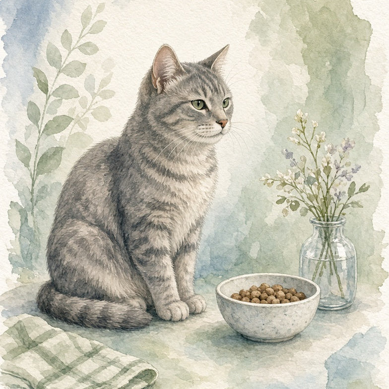 Watercolor-style illustration of a gray tabby cat sitting beside a bowl of cat food and a small vase of flowers, with soft blue and green botanical washes in the background.