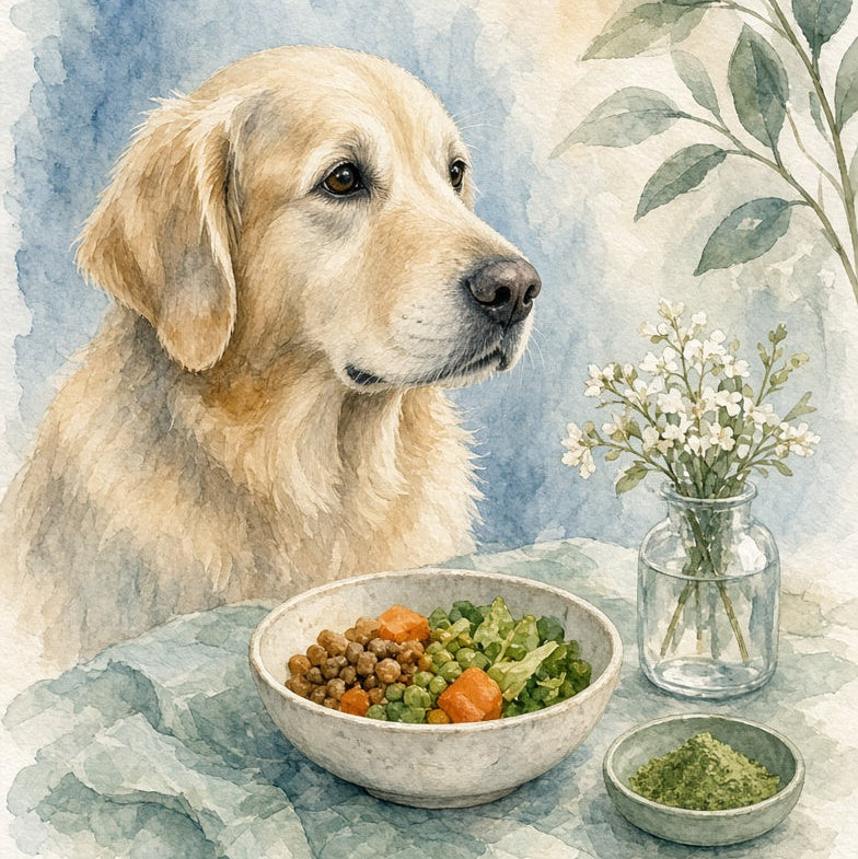 Watercolor-style illustration of a golden retriever beside a bowl of mixed vegetables and a small dish of green powder, with a vase of small white flowers and leafy branches against a soft blue and cream background.