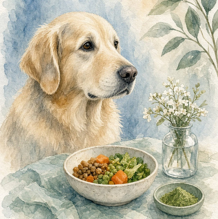 Watercolor-style illustration of a golden retriever beside a bowl of mixed vegetables and a small dish of green powder, with a vase of small white flowers and leafy branches against a soft blue and cream background.