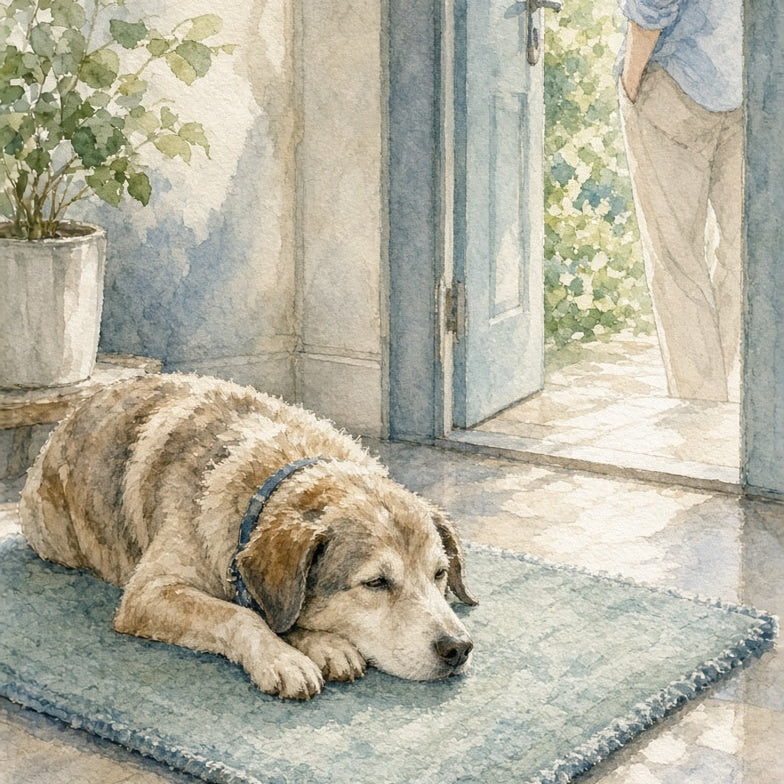A watercolor-style illustration of a resting dog on a blue rug at an open doorway, with a person standing outside and a potted plant inside.