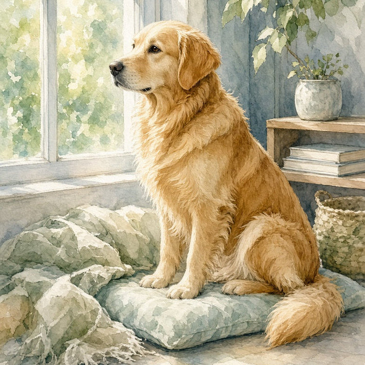 A watercolor-style painting of a golden retriever sitting on a cushion by a window in a sunlit room, with a potted plant on a small shelf and a blanket in the foreground.