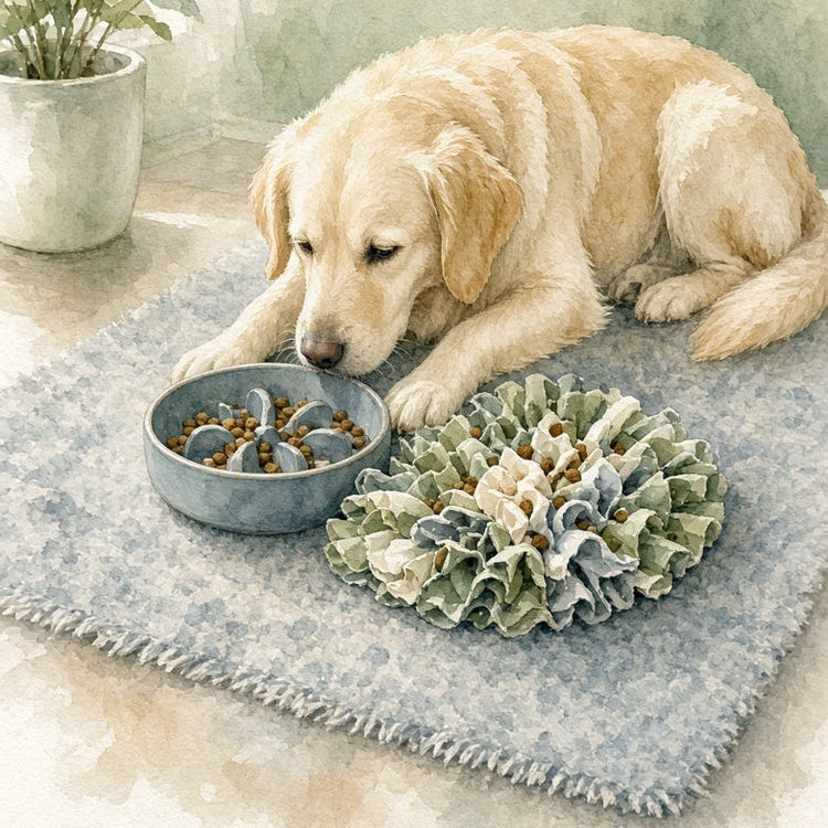 A watercolor-style illustration of a golden retriever lying on a blue rug beside a bowl of food and a green ruffled mat in a softly lit indoor setting.