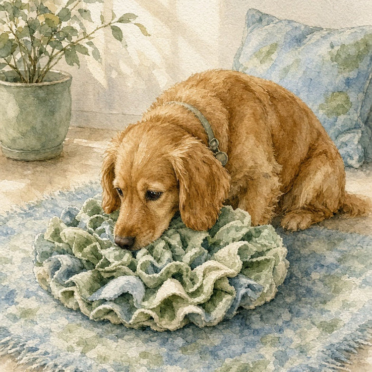 A watercolor-style illustration of a golden retriever sitting on a blue and green patterned rug and chewing on a ruffled green pet bed, with a potted plant and pillow in the background.