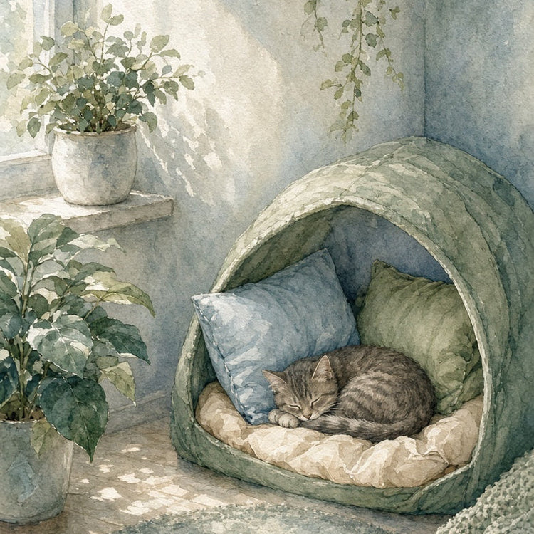 A cozy watercolor-style scene showing a gray tabby cat sleeping inside a moss-green dome-shaped pet bed with blue and beige pillows, placed in a sunlit room with potted plants and a round rug.