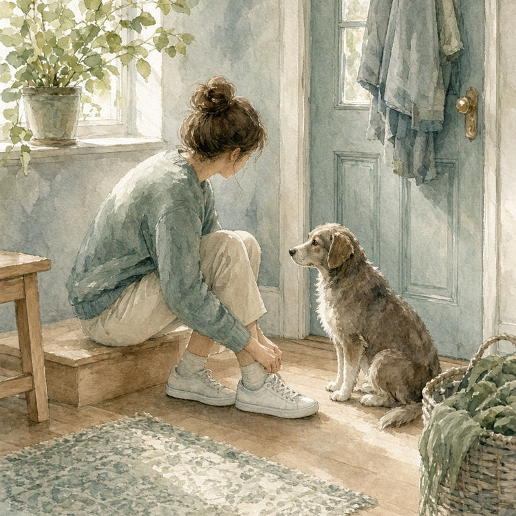 A soft, painterly scene shows a person crouching on a wooden step in a sunlit room while tying a shoe for a dog sitting nearby. The room has pale blue walls and door, a plant on the windowsill, a rug on the floor, and a basket with greenery in the corner.