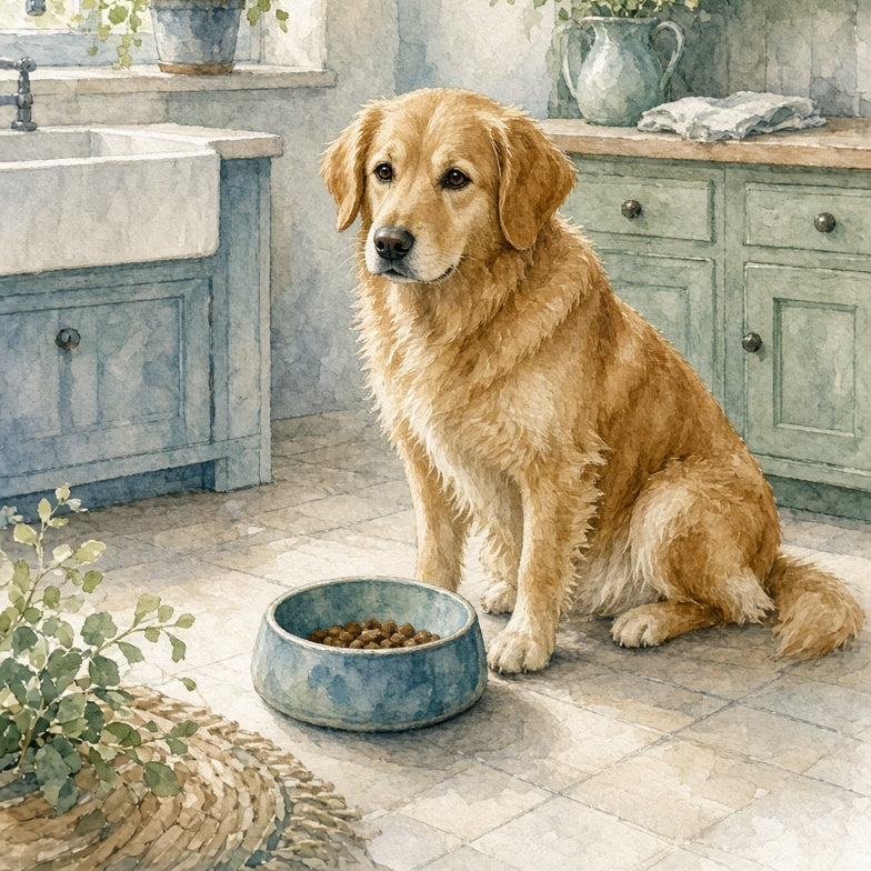 A golden retriever sits in a softly lit kitchen with blue-green cabinets, a window, plants, and a blue food bowl on the floor.