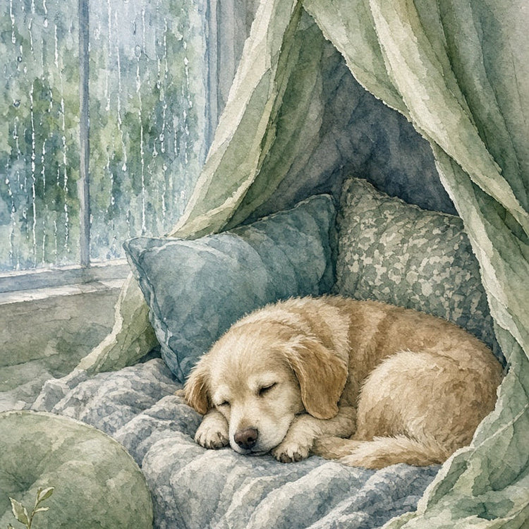 Watercolor-style artwork of a golden retriever dog resting on a bed with blue-gray bedding and draped green curtains, with a rainy window in the background.