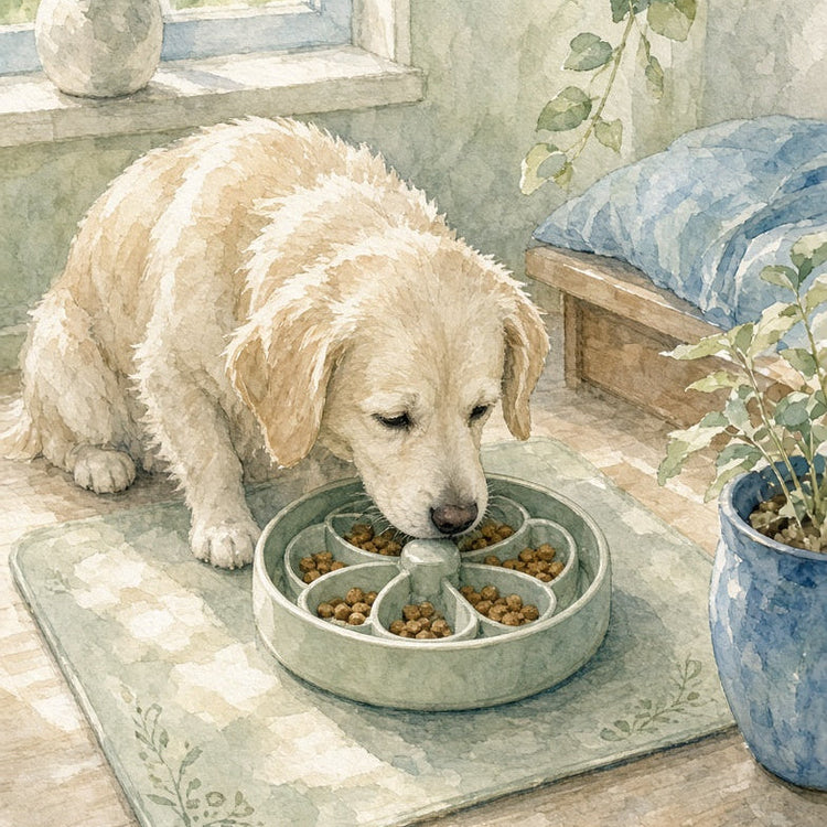 A watercolor-style illustration of a light cream-colored dog eating from a round multi-compartment food bowl placed on a patterned mat in a cozy indoor room with plants and a blue cushion.
