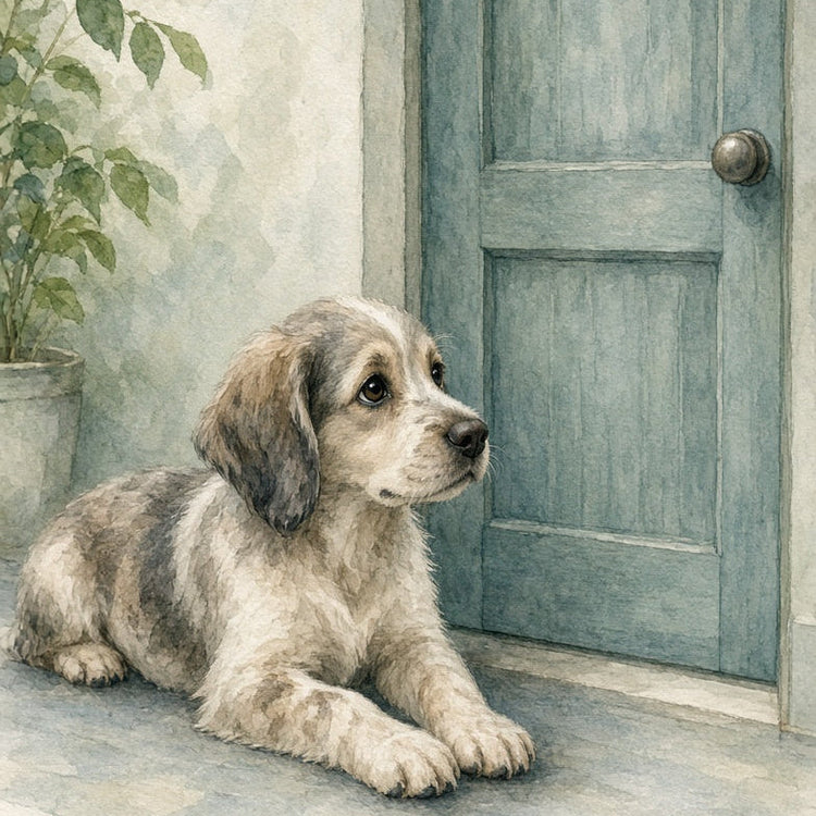 A watercolor-style illustration of a fluffy light brown and white puppy lying on a stone floor beside a muted blue door, with a potted plant in the background.