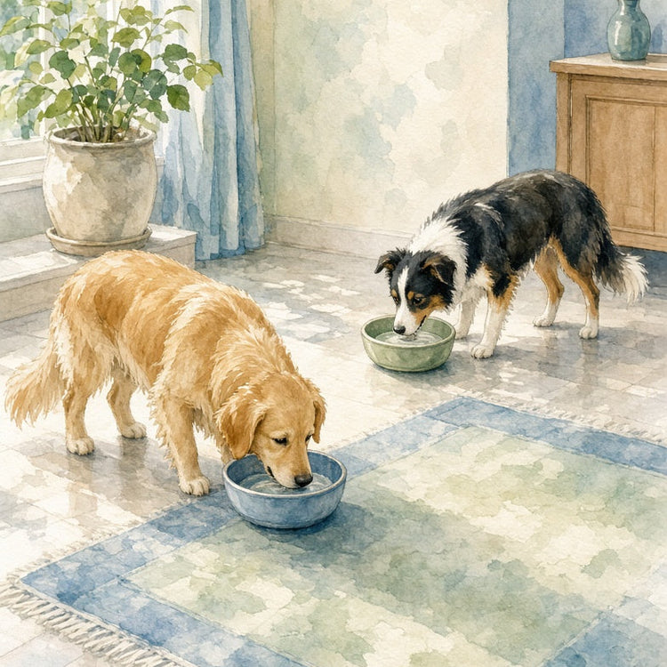 Watercolor-style illustration of two dogs in a bright room: a golden retriever drinking from a blue bowl in the foreground and a black-and-white dog drinking from a green bowl further back. The room has blue curtains, a rug, plants, and a wooden cabinet.