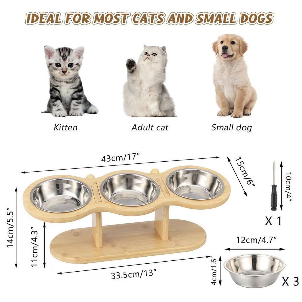 Elevated 3-Bowl Wood Stand Cat Feeder