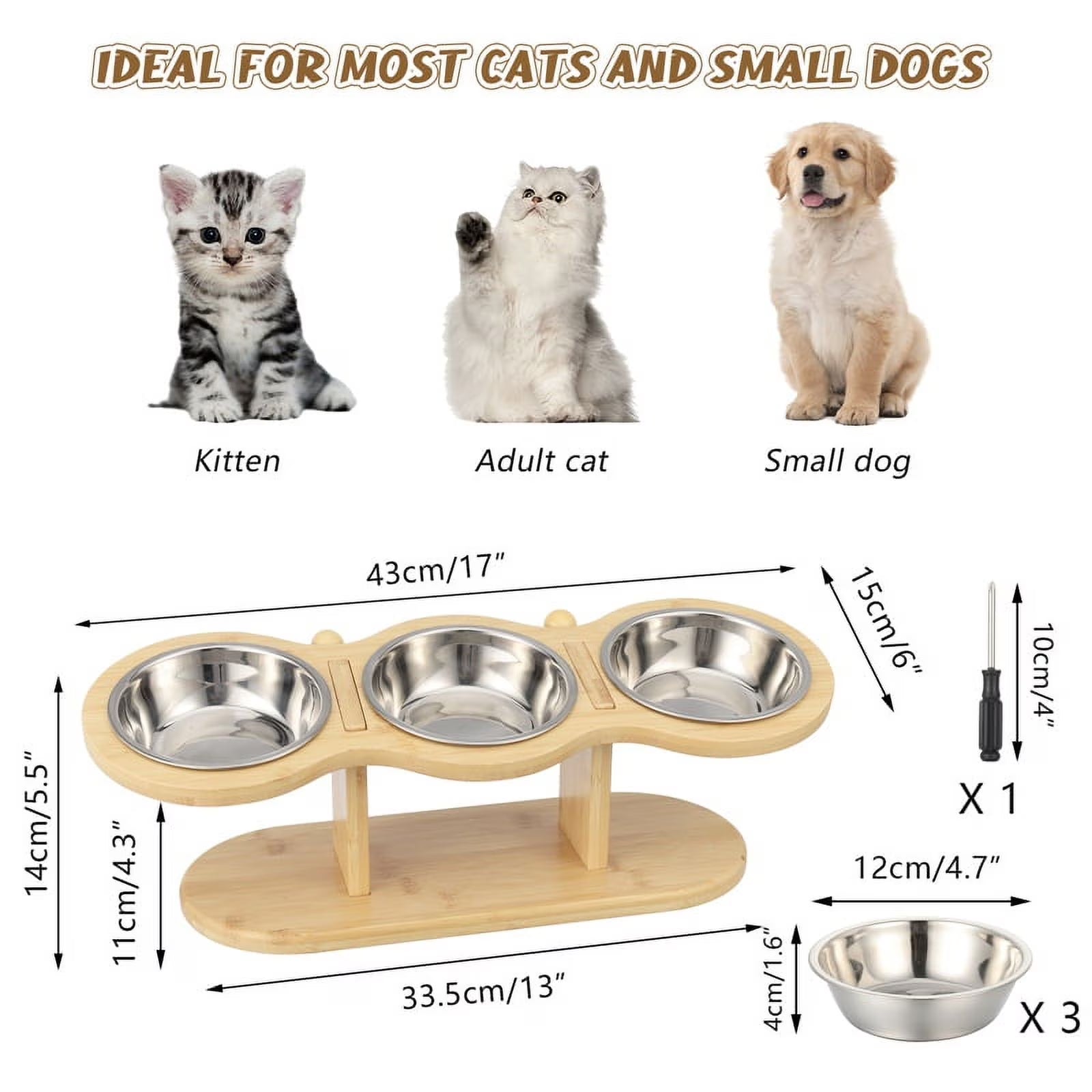 Elevated 3-Bowl Wood Stand Cat Feeder