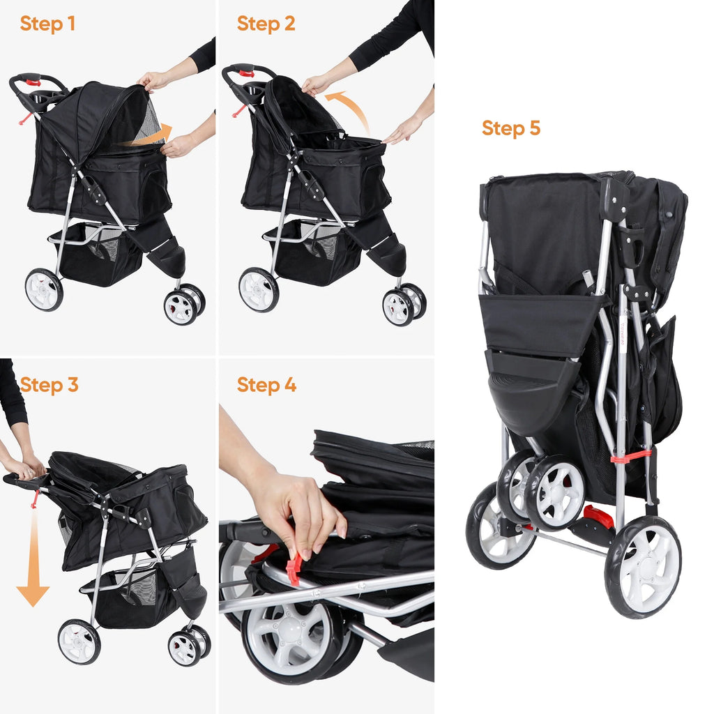 Three Wheels Pet Stroller, 360 Rotation, Folding Convertible Design, Black