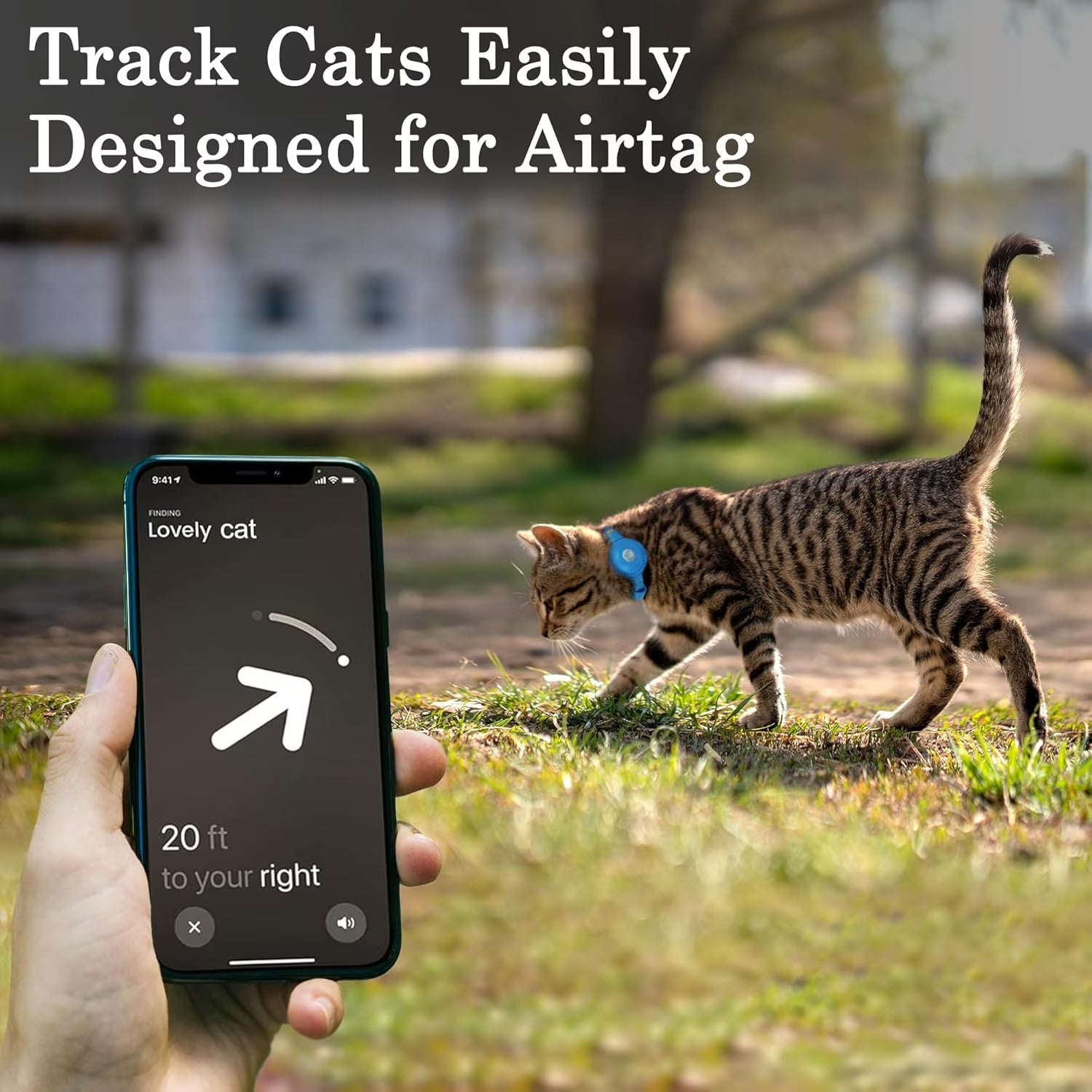 Leather Airtag Cat Collar – Non-Breakaway Kitten Collar for Cats & Small Dogs with Airtag Holder, Safety Bell - Lightweight GPS Pet Collars, Blue