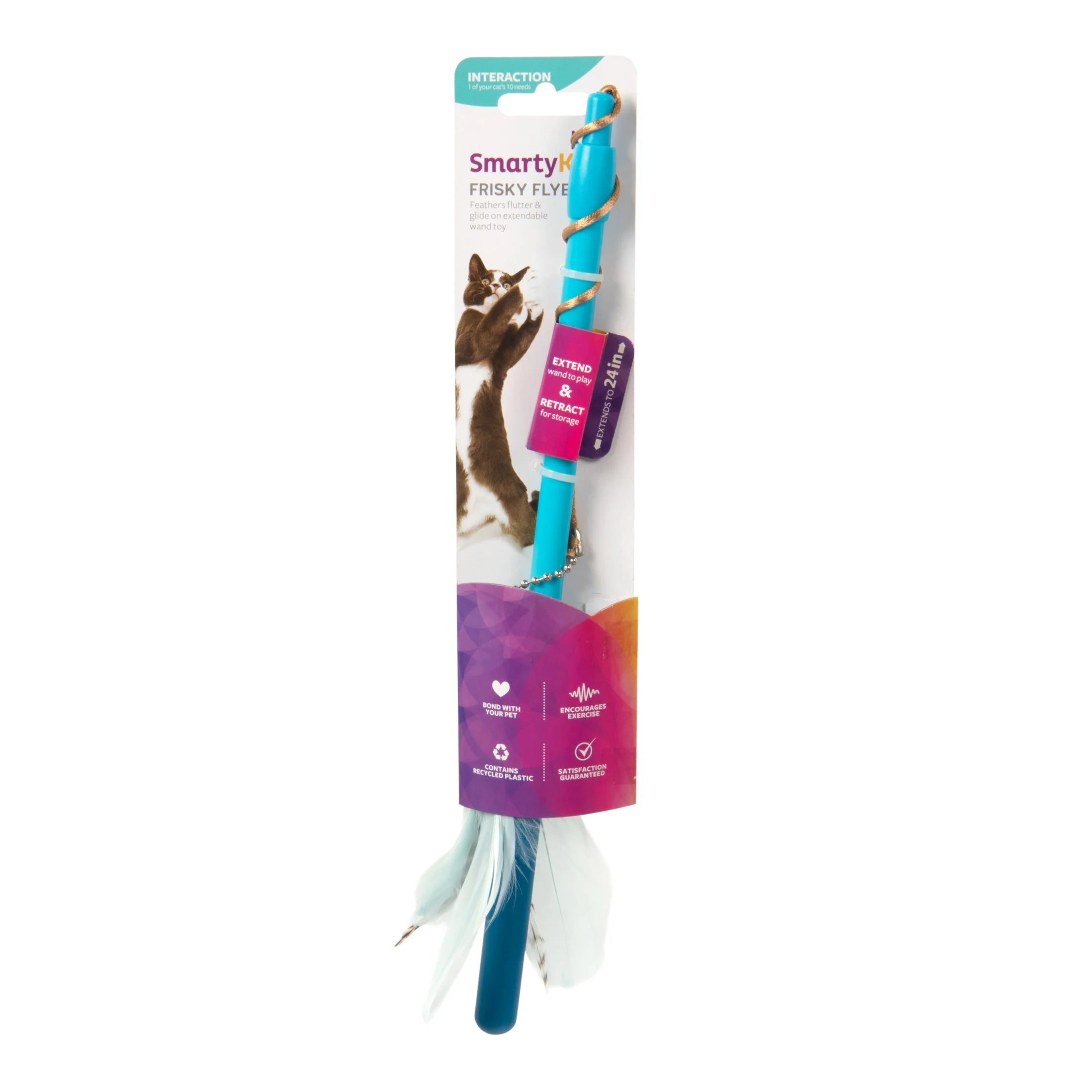 Frisky Flyer, Interactive Cat Toy, Extendable and Retractable Wand with Feathers