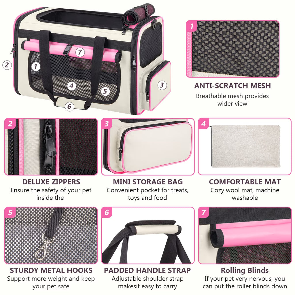Cshidworld Collapsible Cat Carrier for Large Cats and Small Dogs up to 25Lbs, TSA Airline Approved,Soft-Sided Travel Dog Carrier with a Food/Water Bowl(Pink)