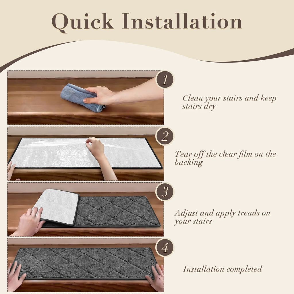 4PCS 30"X8" Non-Slip Stair Treads, Diamond Pattern Indoor Runners, Washable Adhesive TPR Edging, Safety Mats for Kids, Dogs & Elders ，Dark Grey