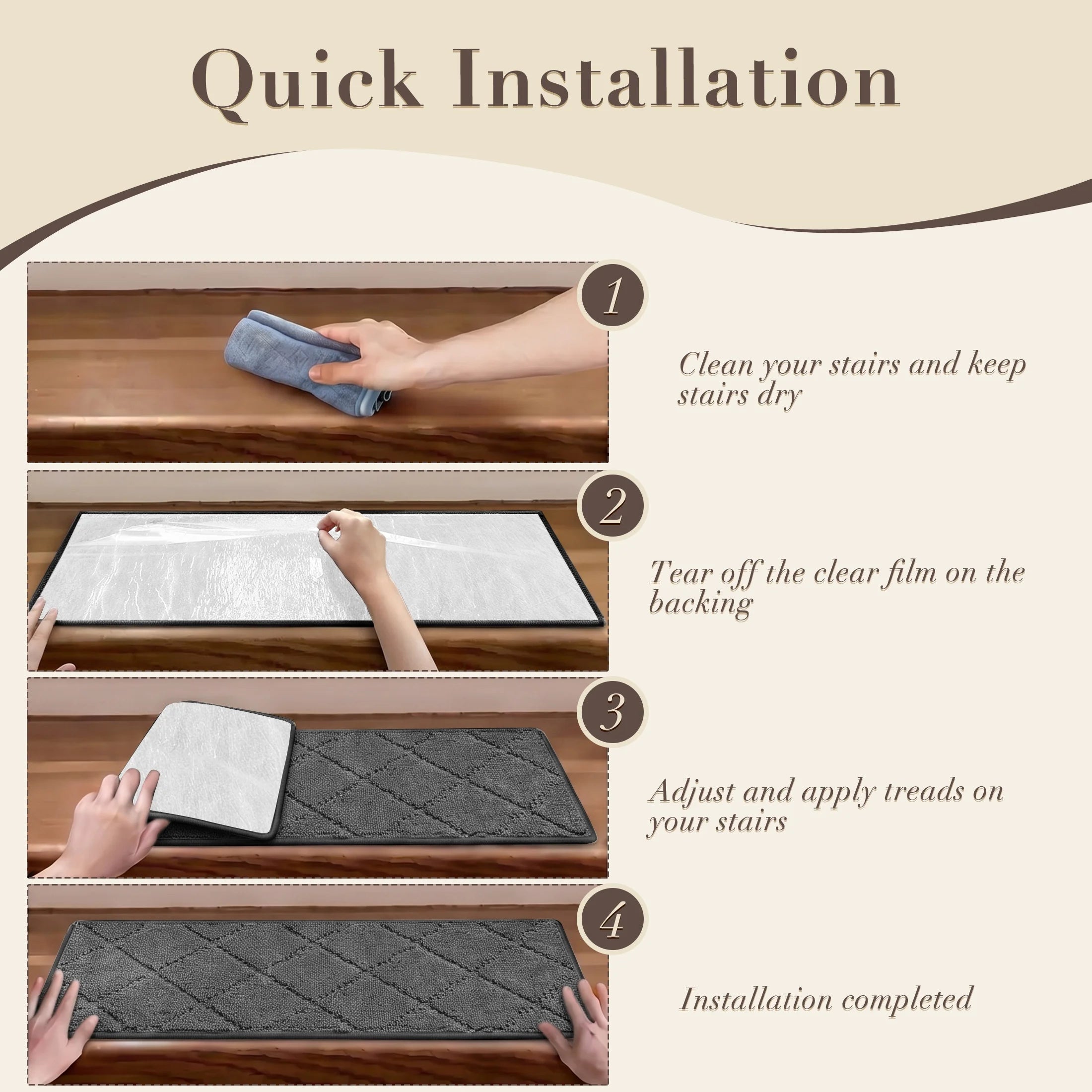 4PCS 30"X8" Non-Slip Stair Treads, Diamond Pattern Indoor Runners, Washable Adhesive TPR Edging, Safety Mats for Kids, Dogs & Elders ，Dark Grey