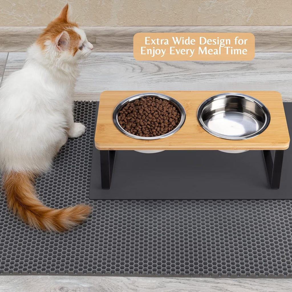 Elevated Cat Bowls for Food and Water, 15° Tilted Raised Stainless Steel Cat Food Bowl, Iron Wood Stand with anti Vomiting Dishes for Indoor Cats, Dogs and Pet