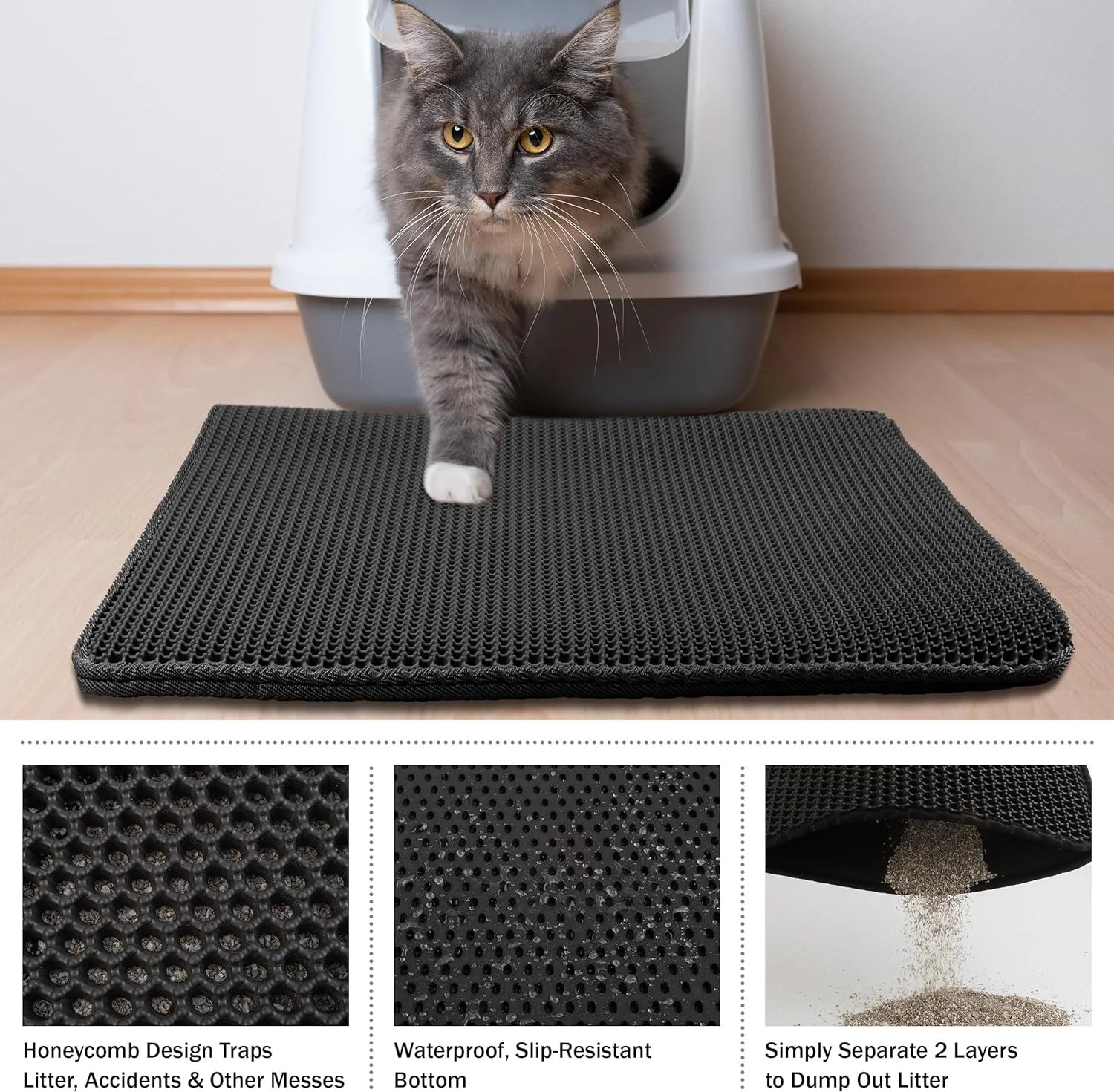17" X 23" Cat Litter Mat Trapping Match, Honeycomb Double Layer Design, Urine-Proof and Water Proof, Scatter Control, Easier to Clean & Washable(Black)