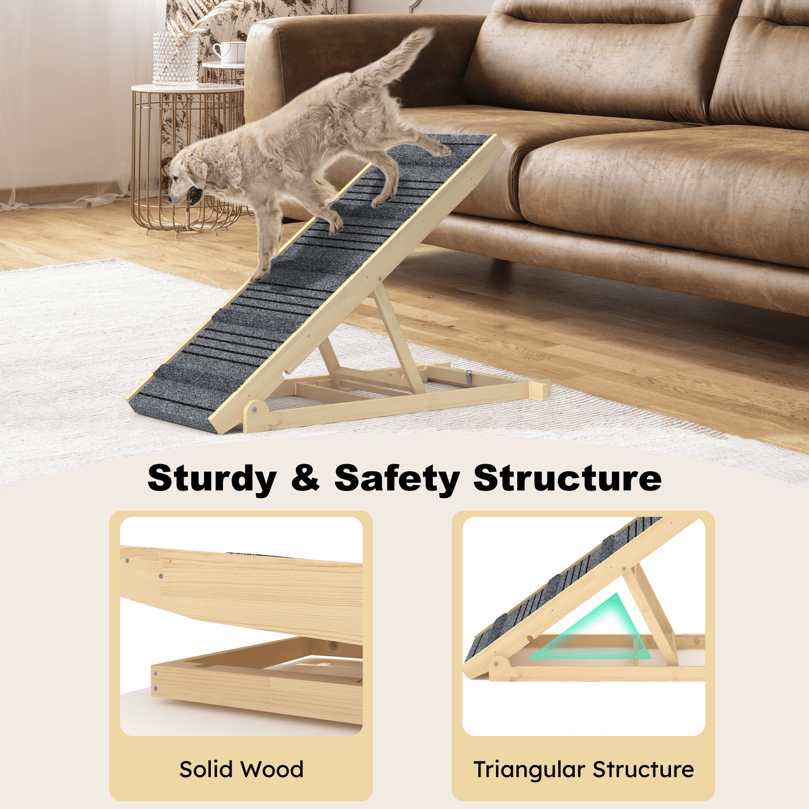 Dog Ramp for Bed W/ 7 Adjustable Heights, Folding Pet Ramp for Small, Large & Cats W/ Non-Slip Surface & Strip, Height from 10.2" to 26.8"(Supports up to 150Lbs)