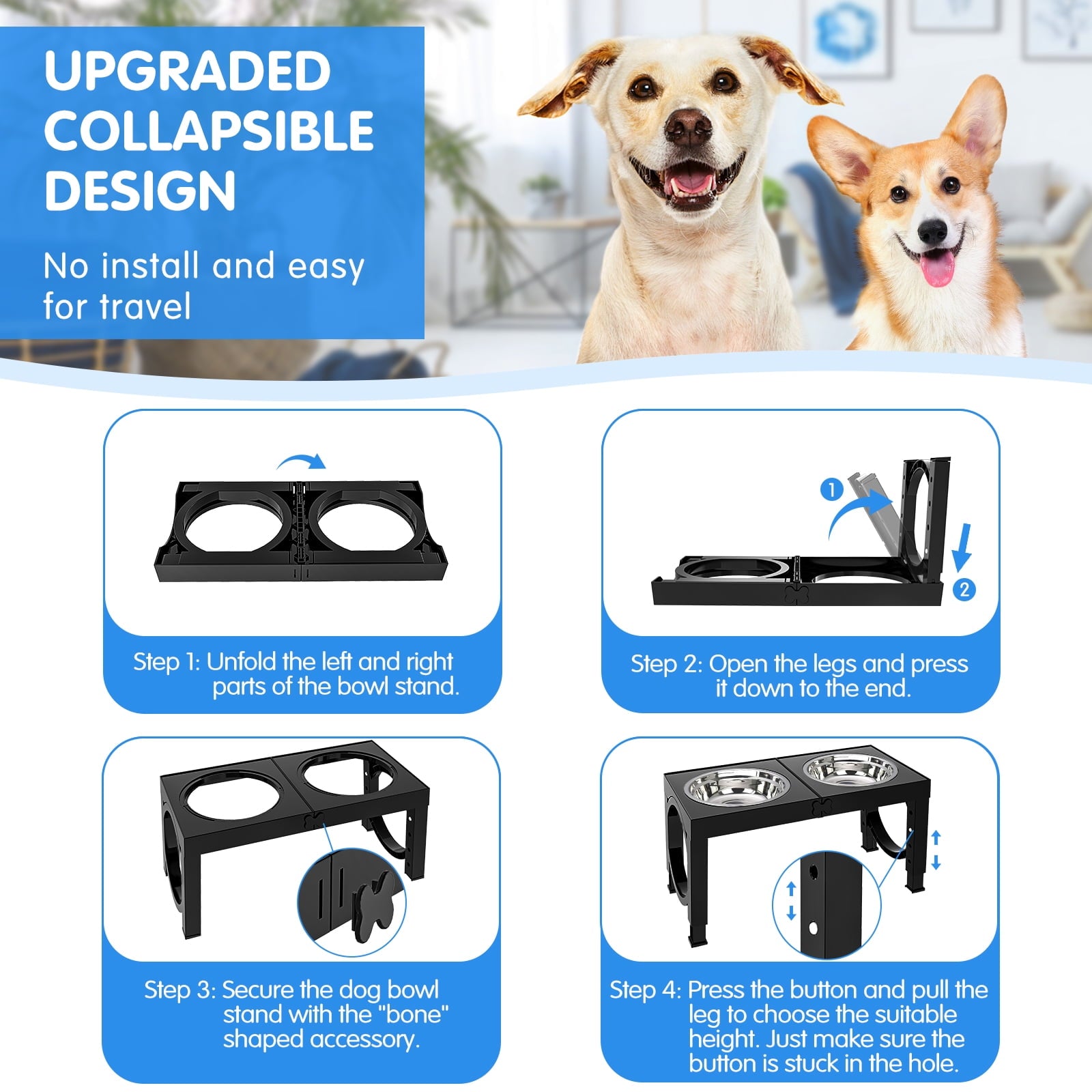 X XBEN Elevated Dog Bowls, 5 Heights Adjustable Dog Raised Bowl Stand with Two 1000ML Stainless Steel Dog Food and Water Bowls, Pet Bowl Holder to Protect Dogs Joints for Small Medium Large Dog