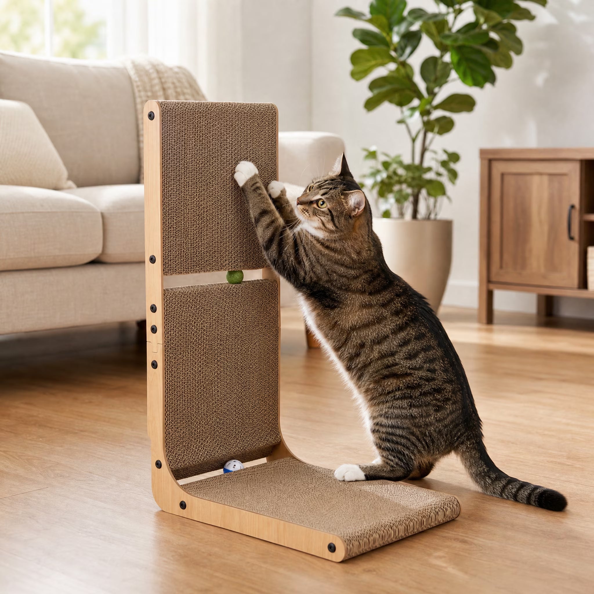L-Shaped Cat Scratcher with Dual-Surface Scratchers, Brown, 27"