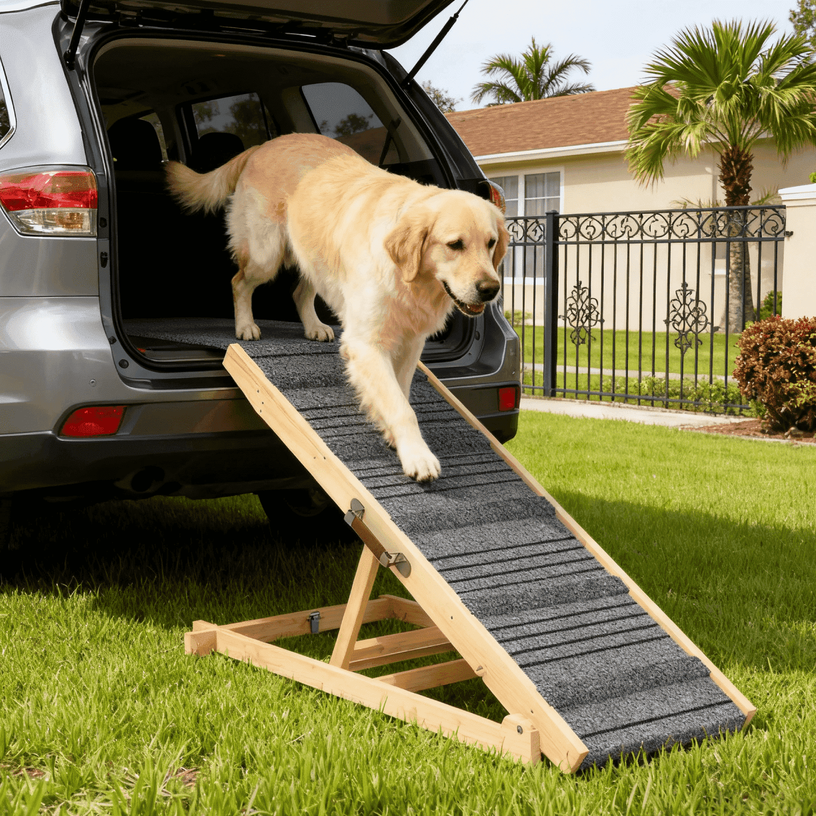 Dog Ramp for Bed W/ 7 Adjustable Heights, Folding Pet Ramp for Small, Large & Cats W/ Non-Slip Surface & Strip, Height from 10.2" to 26.8"(Supports up to 150Lbs)