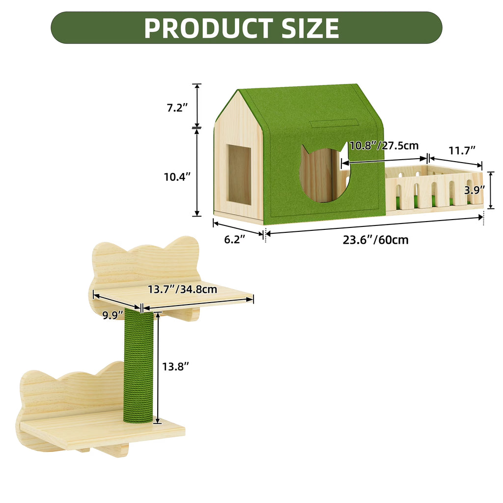 Cat Wall Shelves and Perches, Wooden Wall-Mounted Cat Furniture Set of 8 with House, 4 Perches, 2 Sisal Posts & Pom-Pom Toy for Indoor, Green & Wood