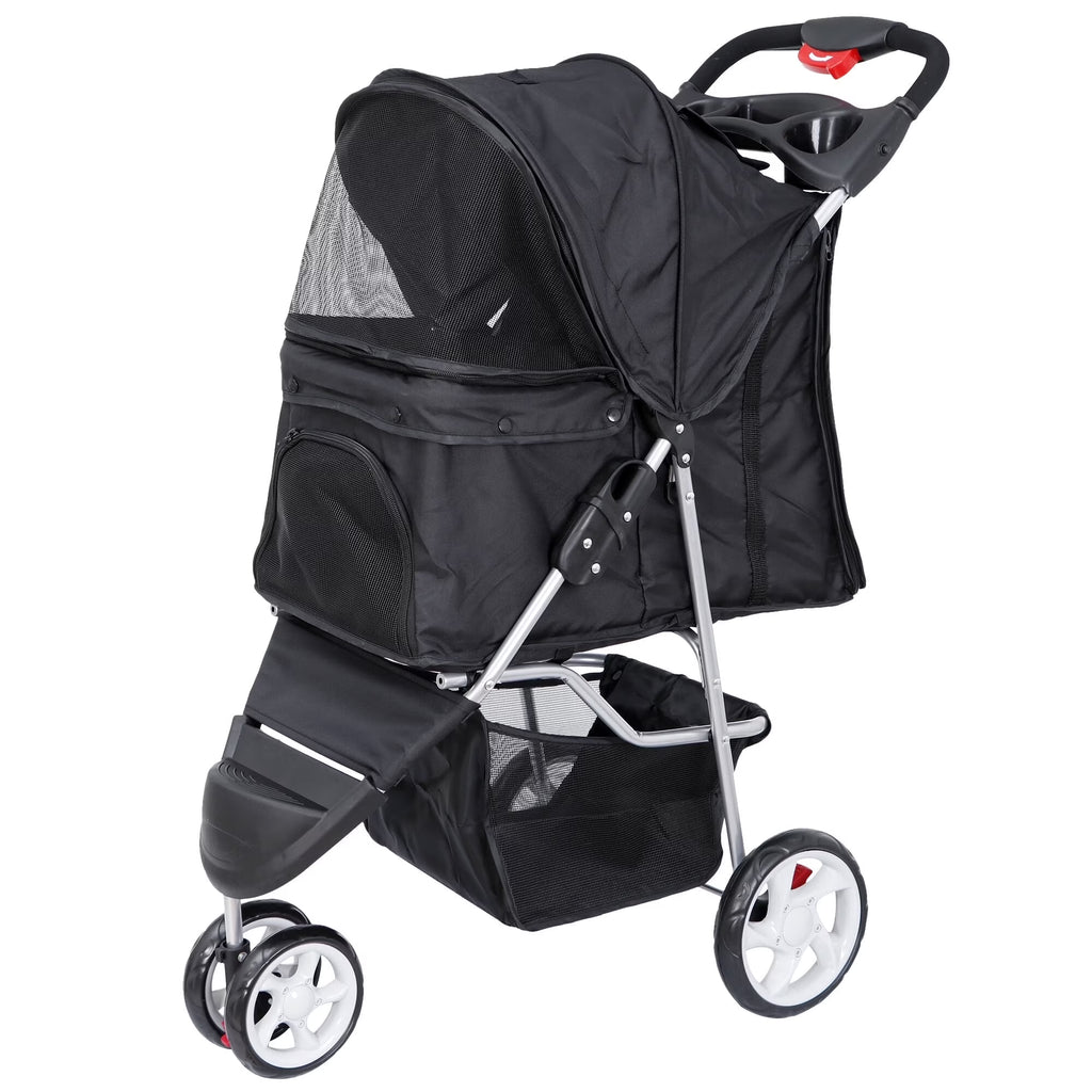 Three Wheels Pet Stroller, 360 Rotation, Folding Convertible Design, Black